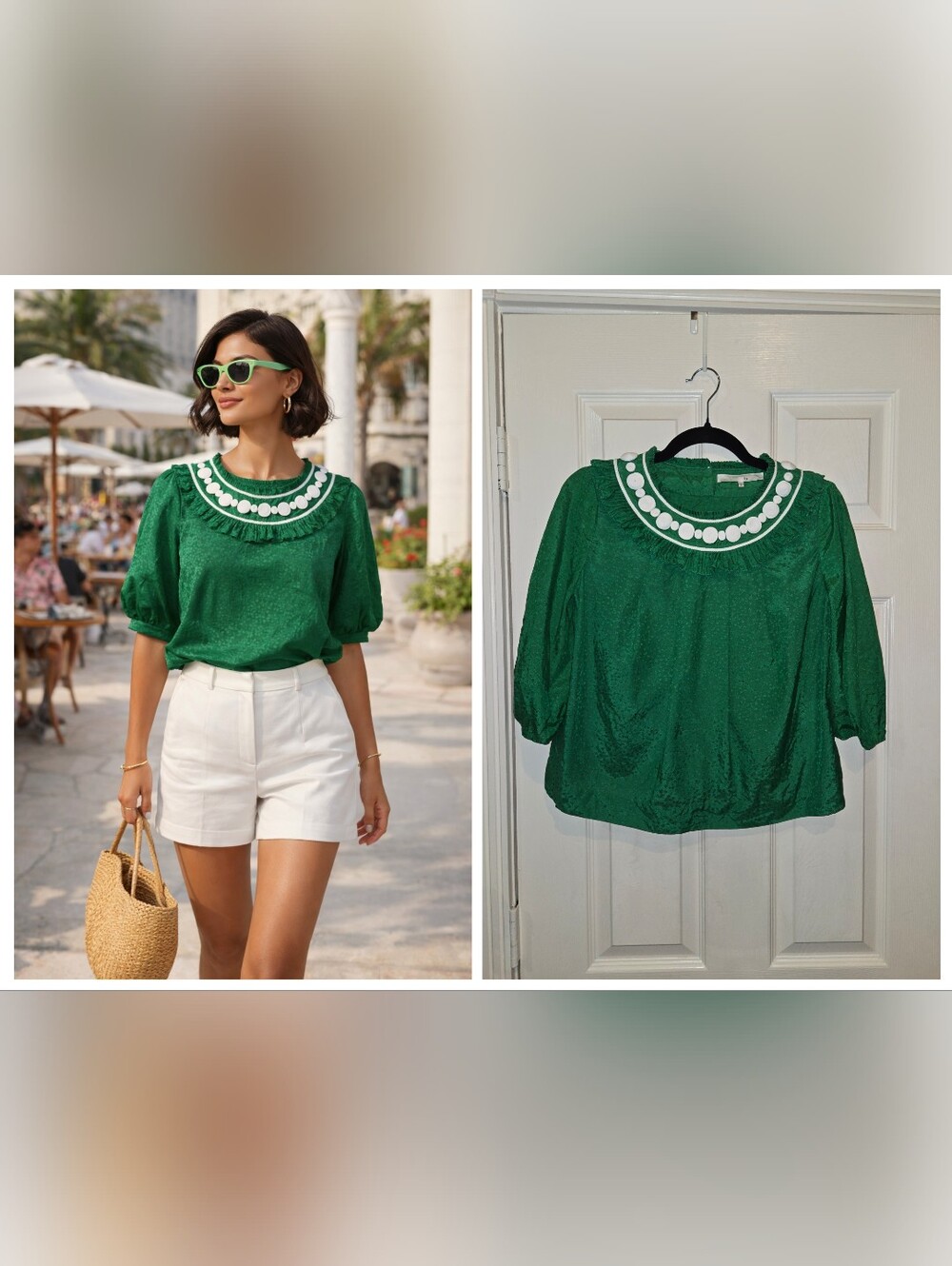 3.1 Phillip Lim Green Blouse Size 2 Silk Cotton Embellished Statement Top
